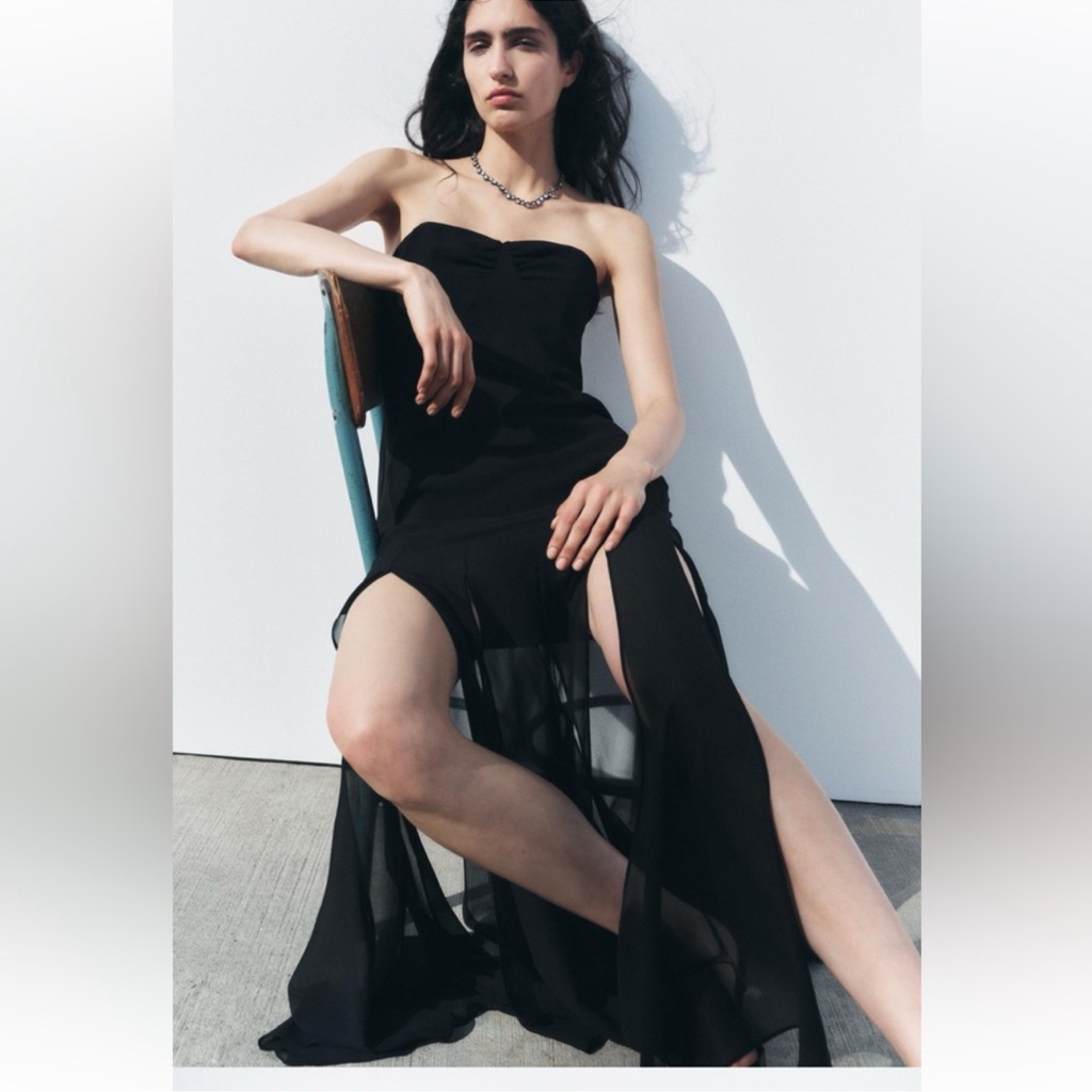 Zara New Women’s Semi-Sheer Strapless Black Long Dress